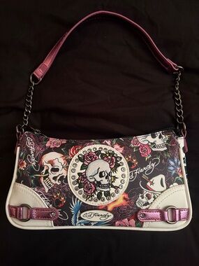 Ed Hardy Black Floral Skull Shoulder Bag with Pink Metallic Trim
